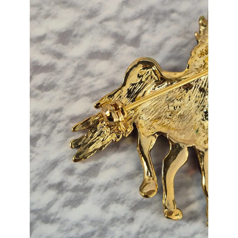 Vintage Enamel Horse Brooch Amber Gold Tone Equestrian Pin Accessory Glossy